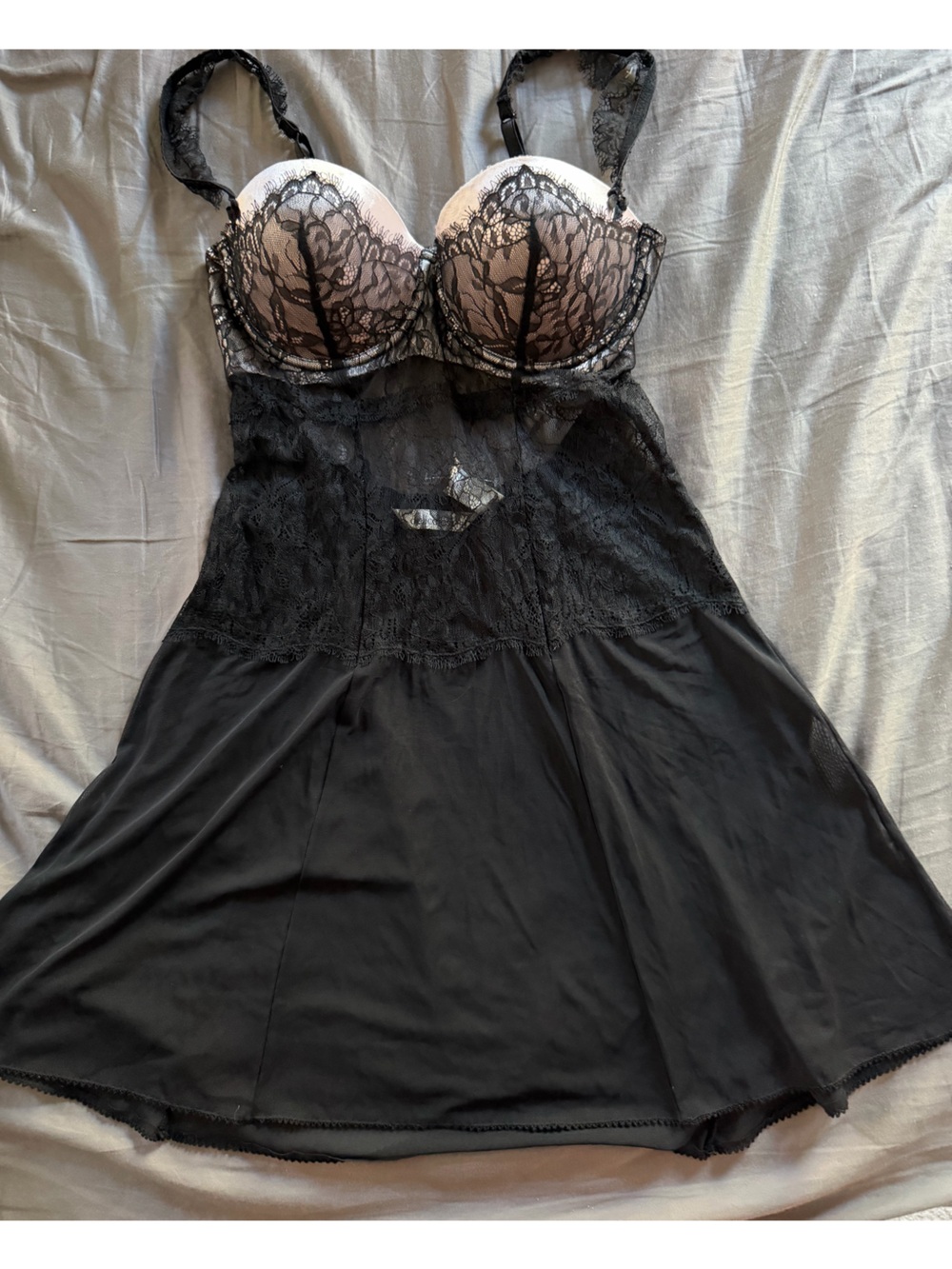 Black Lace-Trim Slip Nightdress with Contrast Cups- sexy and classy
